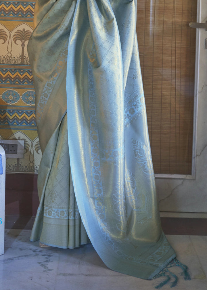 Multi - Toned Blue Handloom Kanjivaram Silk Saree With Regal Finish - House of Sarvati LLC