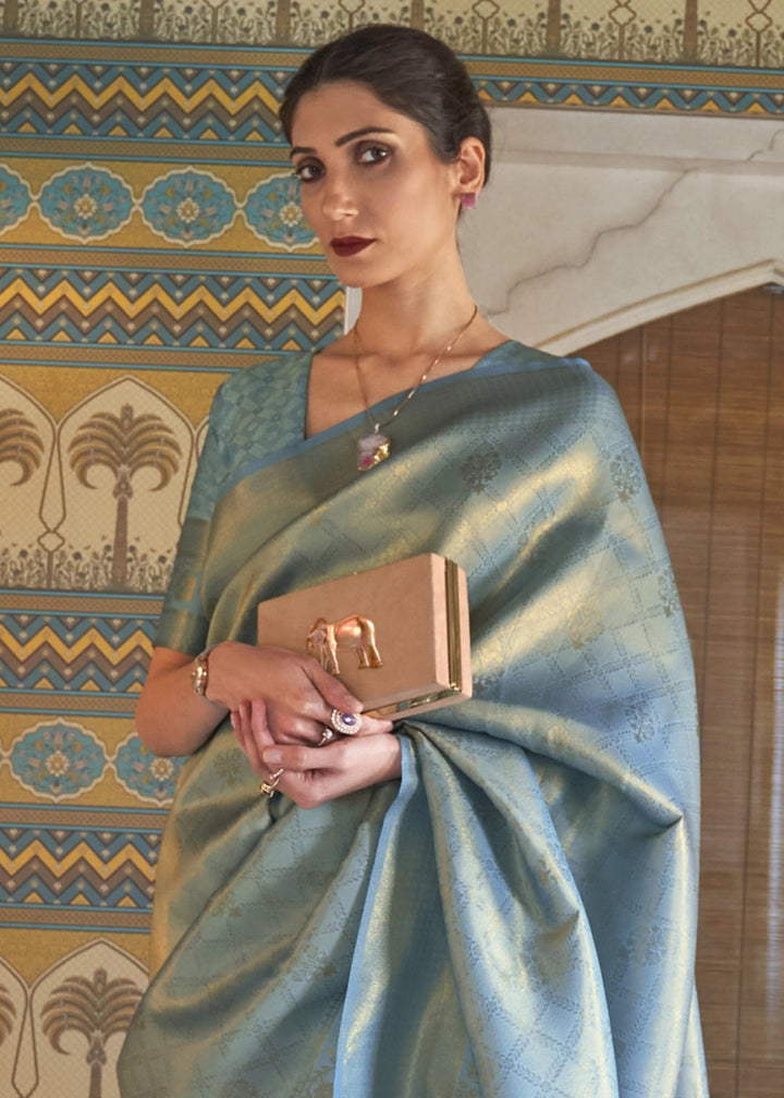 Multi - Toned Blue Handloom Kanjivaram Silk Saree With Regal Finish - House of Sarvati LLC
