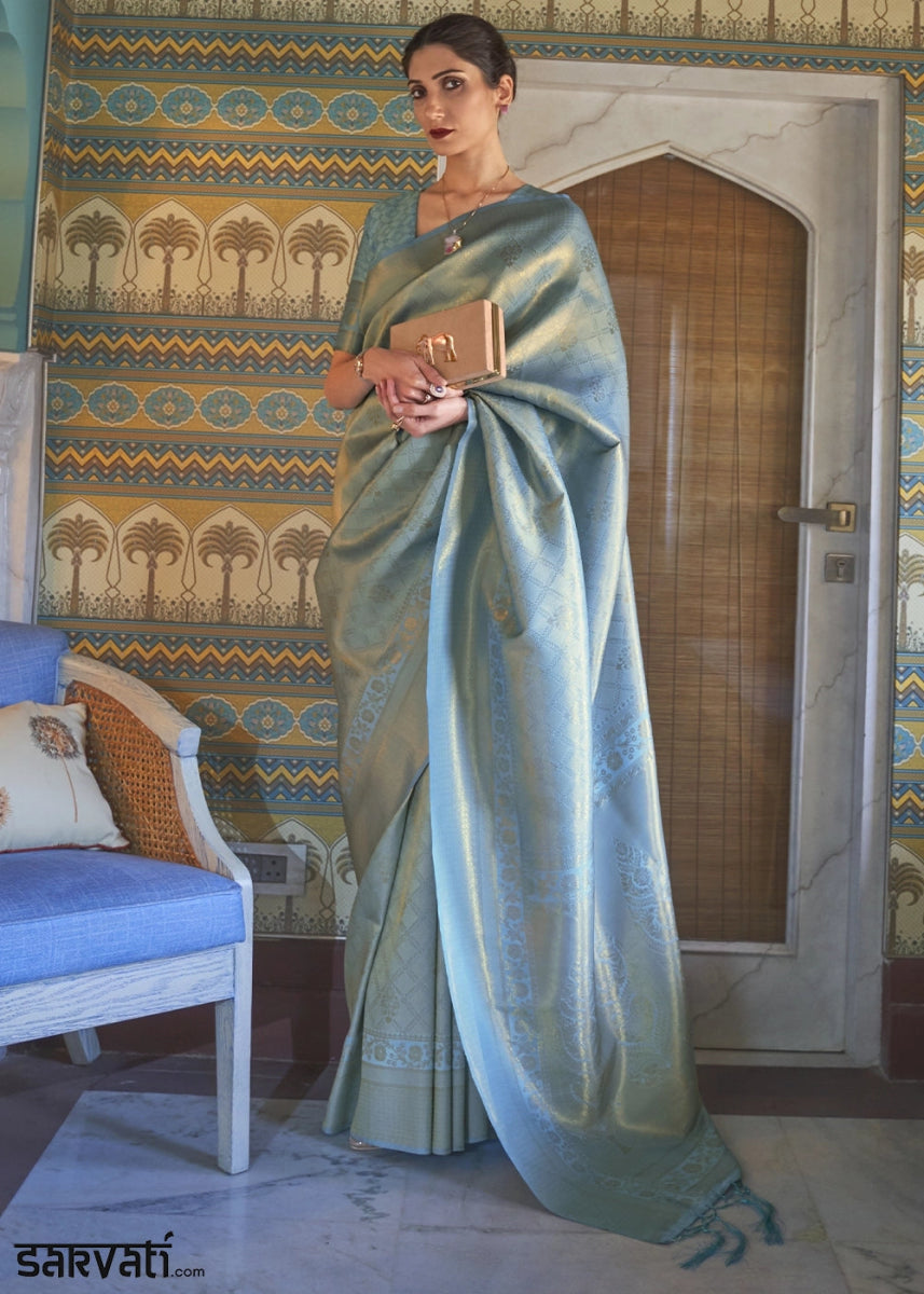 Multi - Toned Blue Handloom Kanjivaram Silk Saree With Regal Finish - House of Sarvati LLC