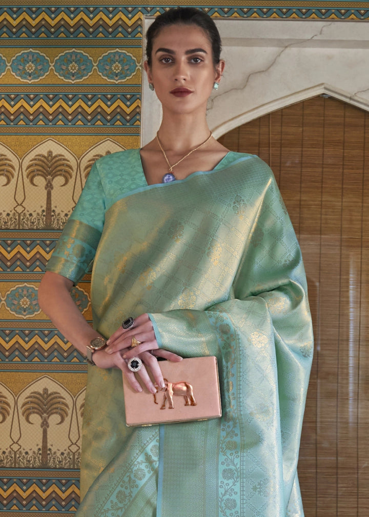 Multi - Toned Green Handloom Kanjivaram Silk Saree With Regal Finish - House of Sarvati LLC