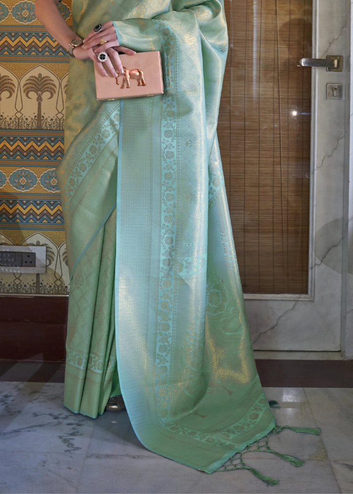 Multi - Toned Green Handloom Kanjivaram Silk Saree With Regal Finish - House of Sarvati LLC