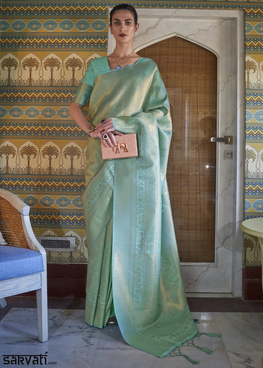 Multi - Toned Green Handloom Kanjivaram Silk Saree With Regal Finish - House of Sarvati LLC