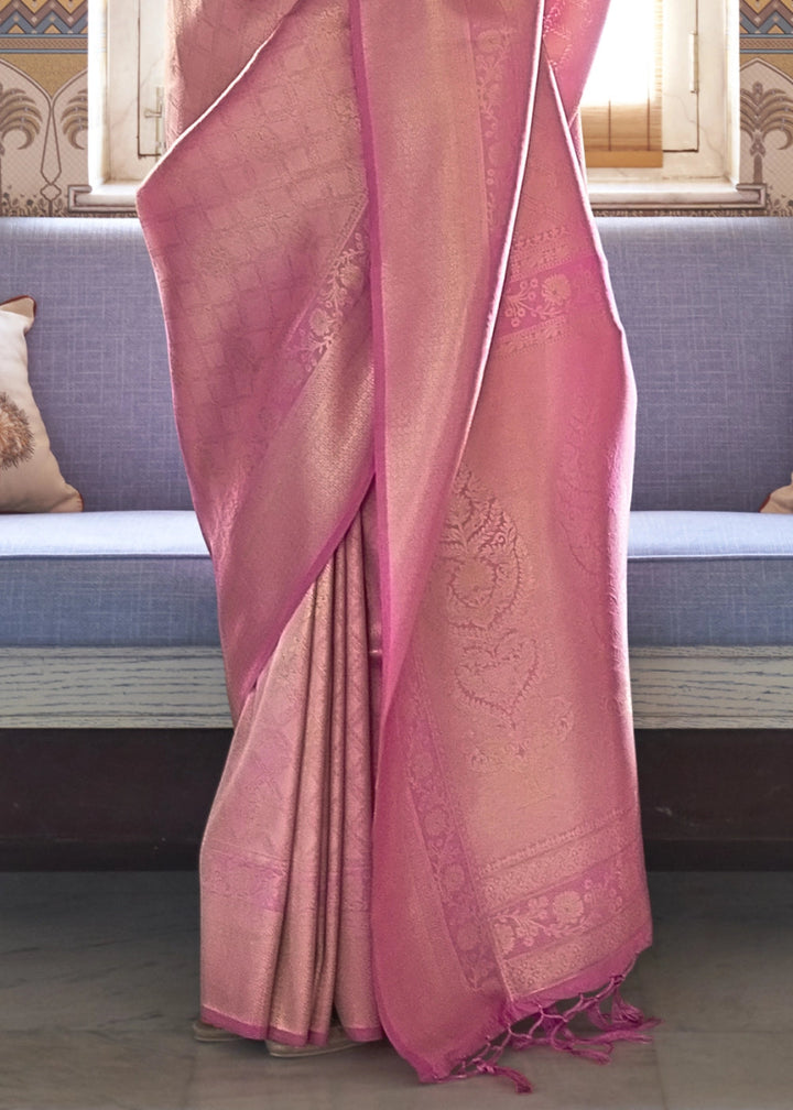 Multi - Toned Pink Handloom Kanjivaram Silk Saree With Regal Finish - House of Sarvati LLC