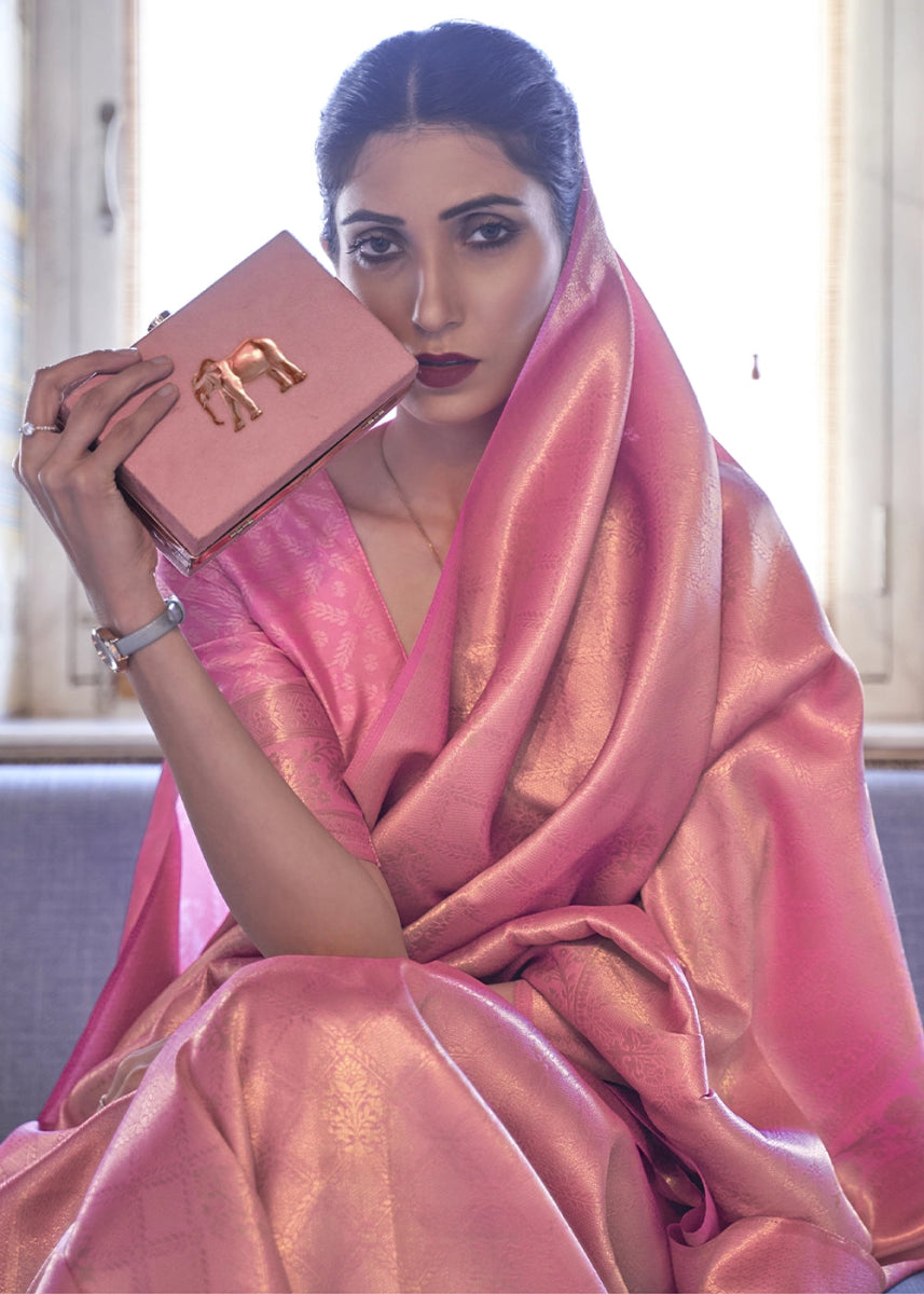 Multi - Toned Pink Handloom Kanjivaram Silk Saree With Regal Finish - House of Sarvati LLC