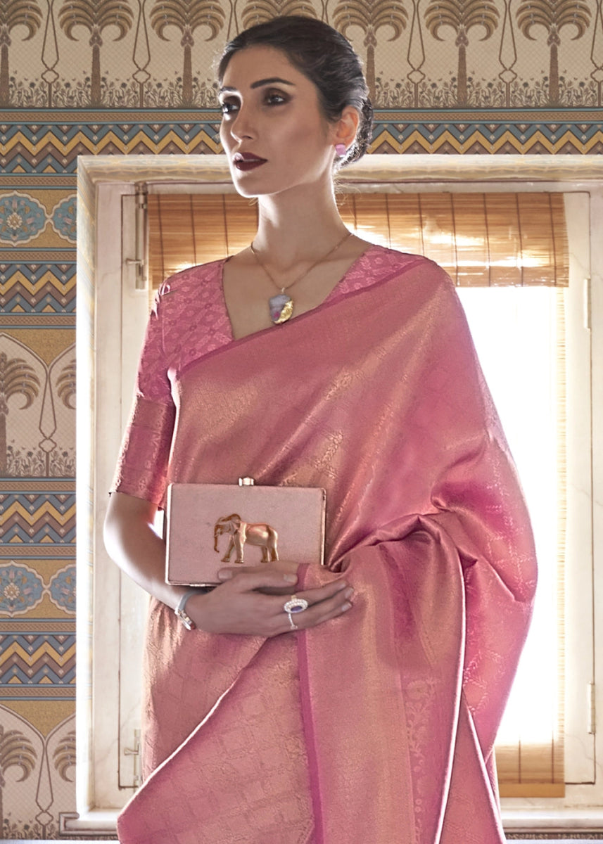 Multi - Toned Pink Handloom Kanjivaram Silk Saree With Regal Finish - House of Sarvati LLC