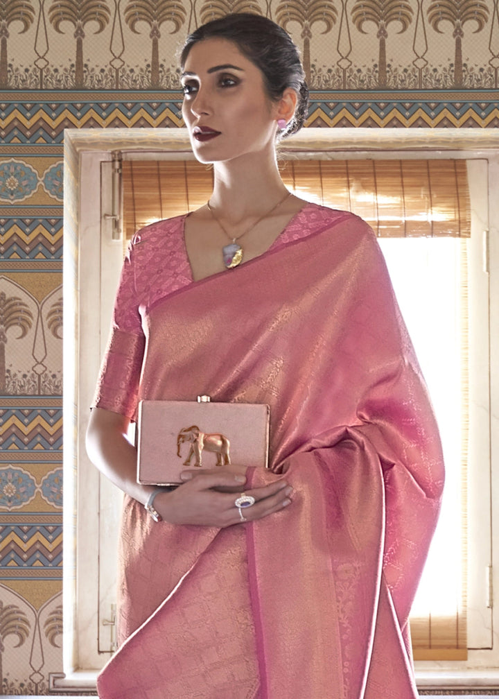Multi - Toned Pink Handloom Kanjivaram Silk Saree With Regal Finish - House of Sarvati LLC