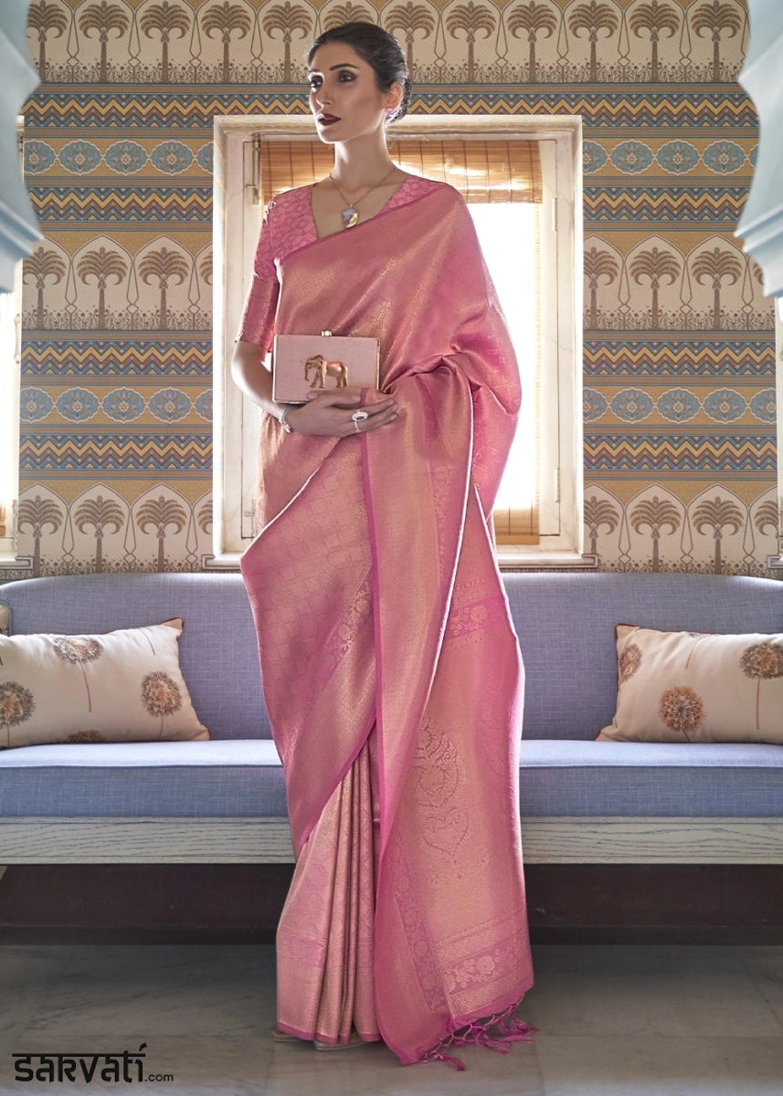 Multi - Toned Pink Handloom Kanjivaram Silk Saree With Regal Finish - House of Sarvati LLC