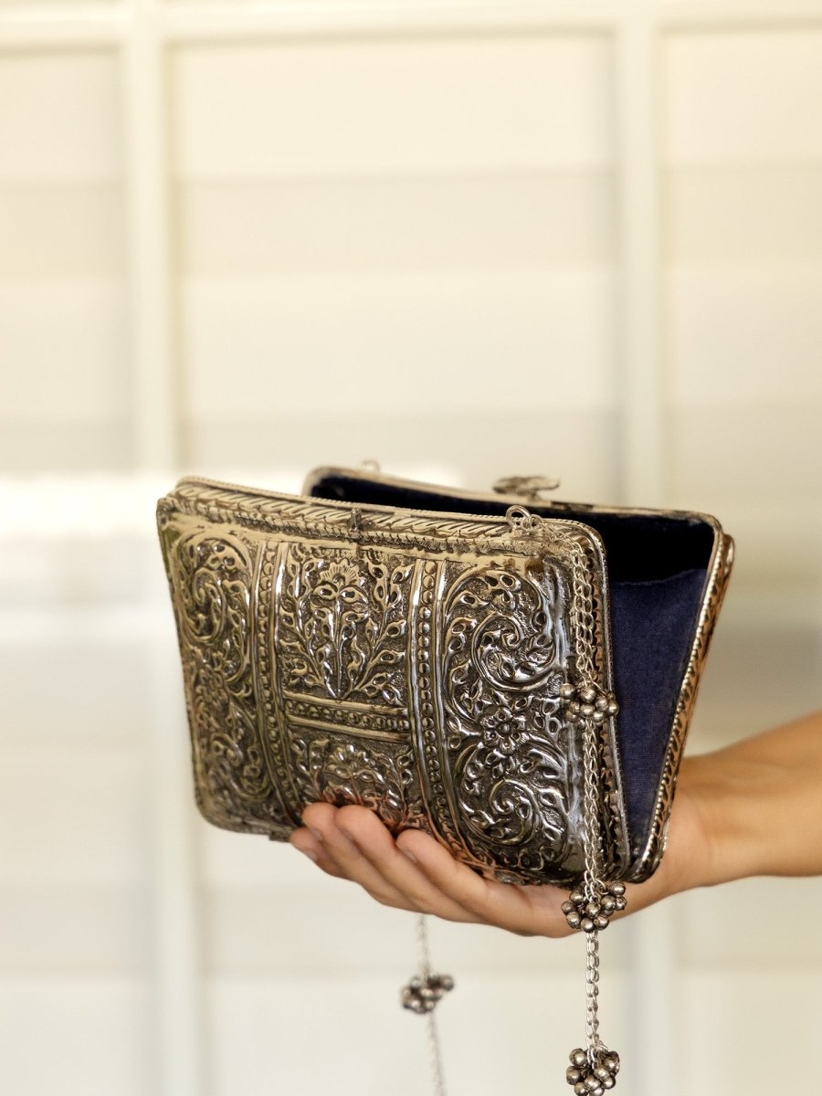 Munmun Silver Evening Clutch - House of Sarvati LLC