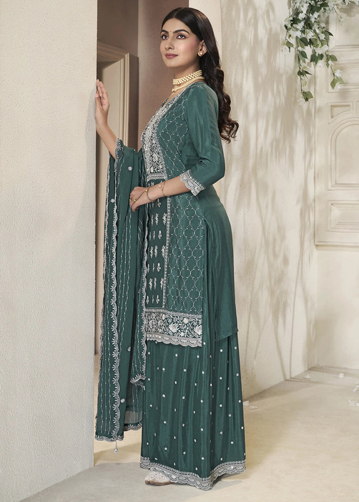 Munsell Green Chinon Silk Sharara Suit with Intricate White Thread & Sequin Embroidery - House of Sarvati LLC