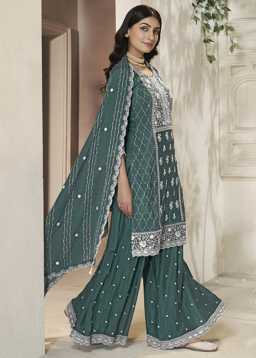 Munsell Green Chinon Silk Sharara Suit with Intricate White Thread & Sequin Embroidery - House of Sarvati LLC