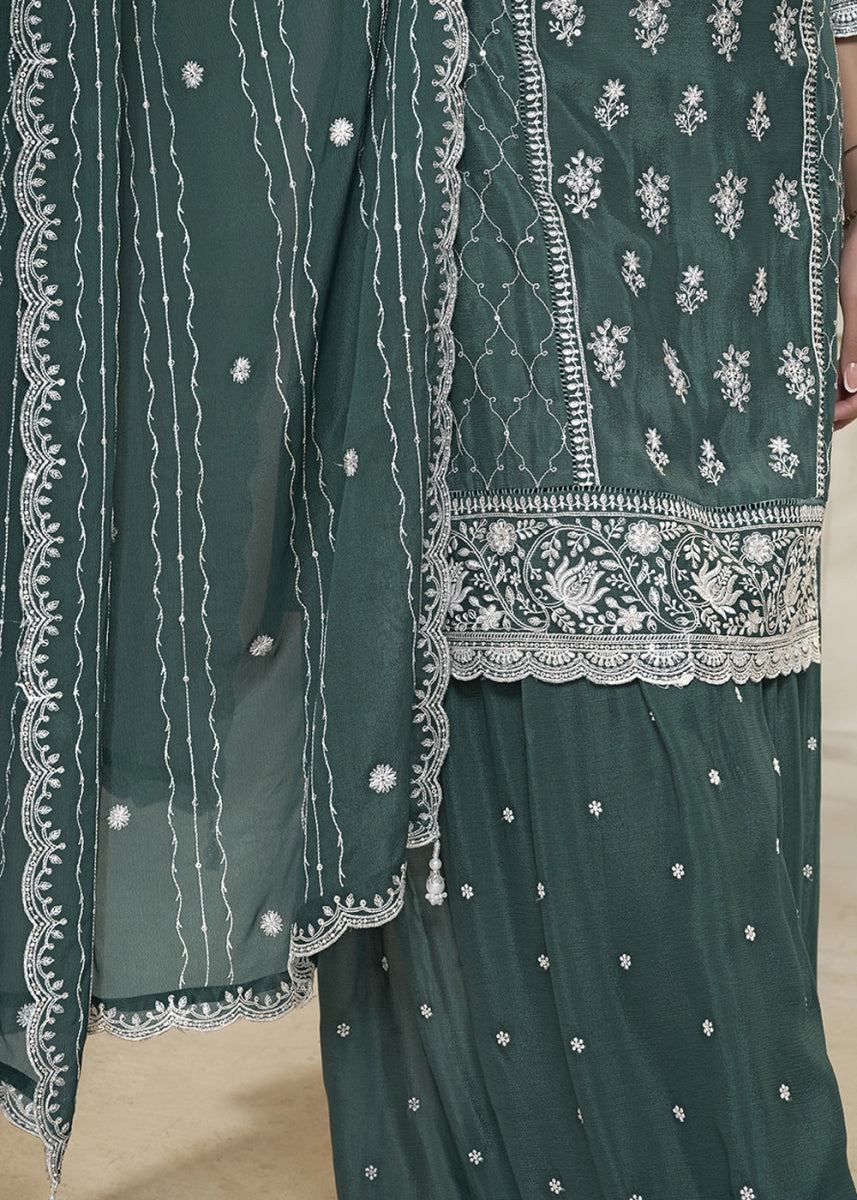 Munsell Green Chinon Silk Sharara Suit with Intricate White Thread & Sequin Embroidery - House of Sarvati LLC