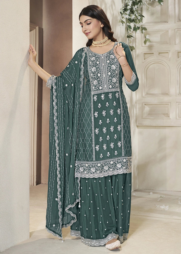 Munsell Green Chinon Silk Sharara Suit with Intricate White Thread & Sequin Embroidery - House of Sarvati LLC