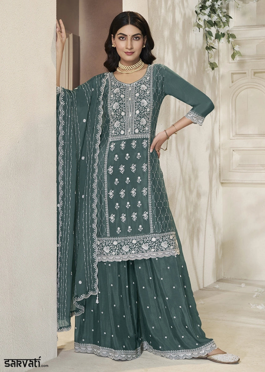 Munsell Green Chinon Silk Sharara Suit with Intricate White Thread & Sequin Embroidery - House of Sarvati LLC