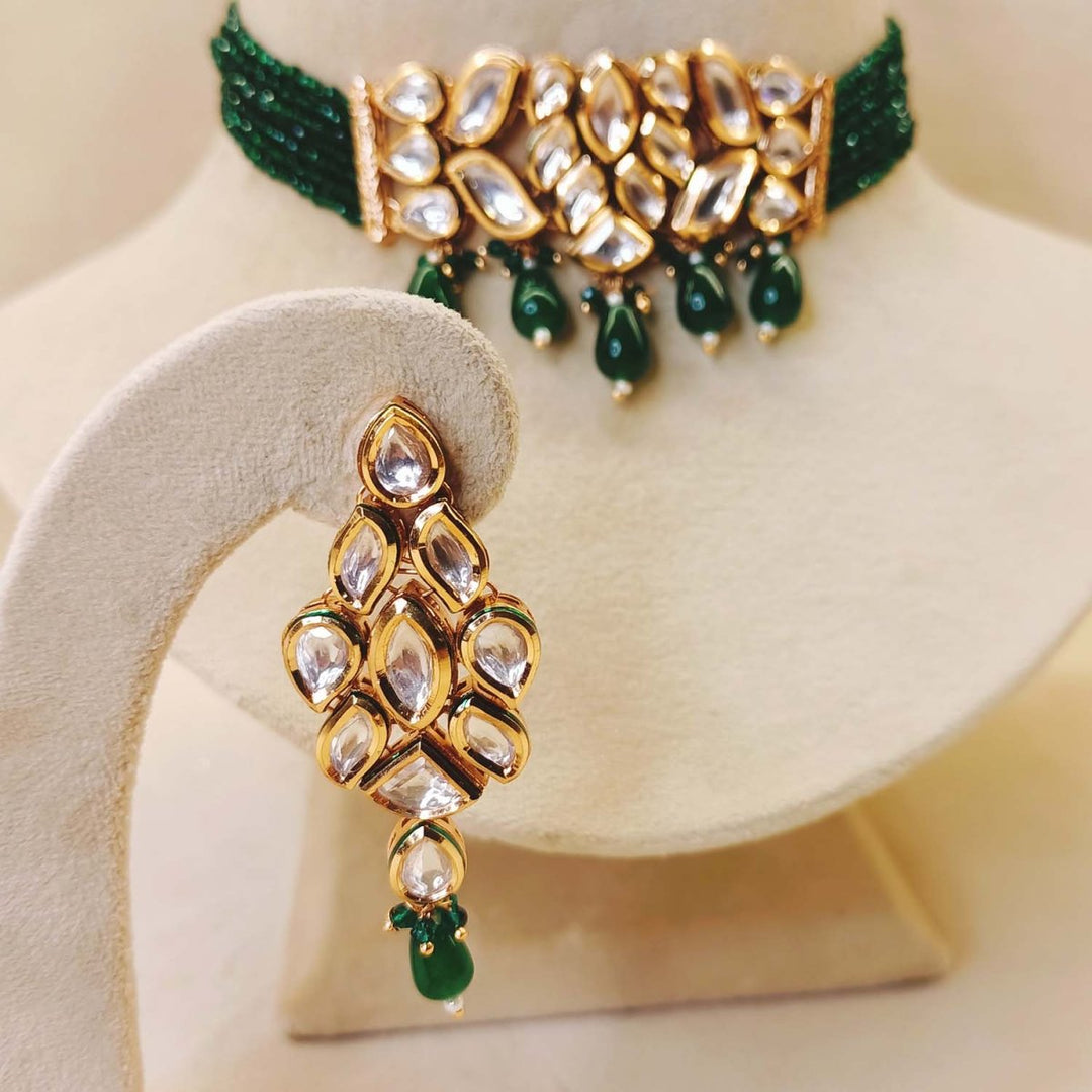 Muskaan Kundan Choker With Green Beads - House of Sarvati LLC