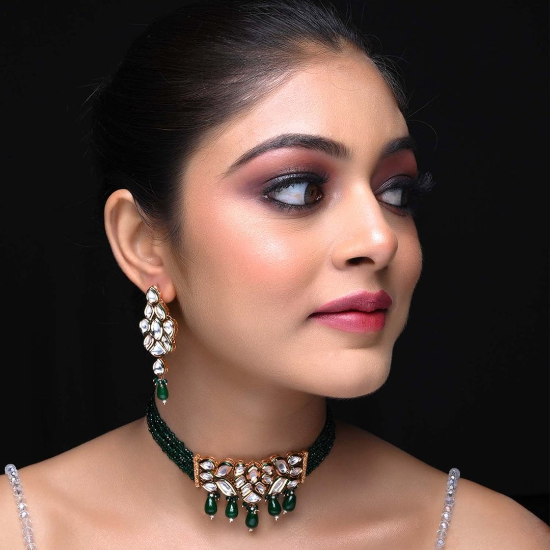 Muskaan Kundan Choker With Green Beads - House of Sarvati LLC