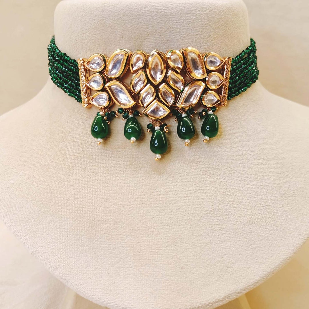 Muskaan Kundan Choker With Green Beads - House of Sarvati LLC