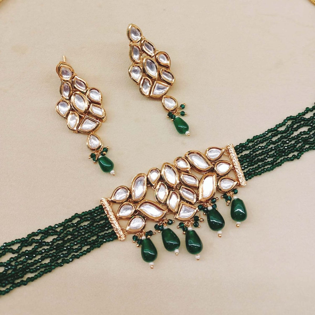 Muskaan Kundan Choker With Green Beads - House of Sarvati LLC