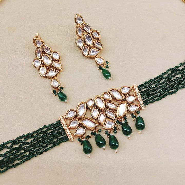 Muskaan Kundan Choker With Green Beads - House of Sarvati LLC