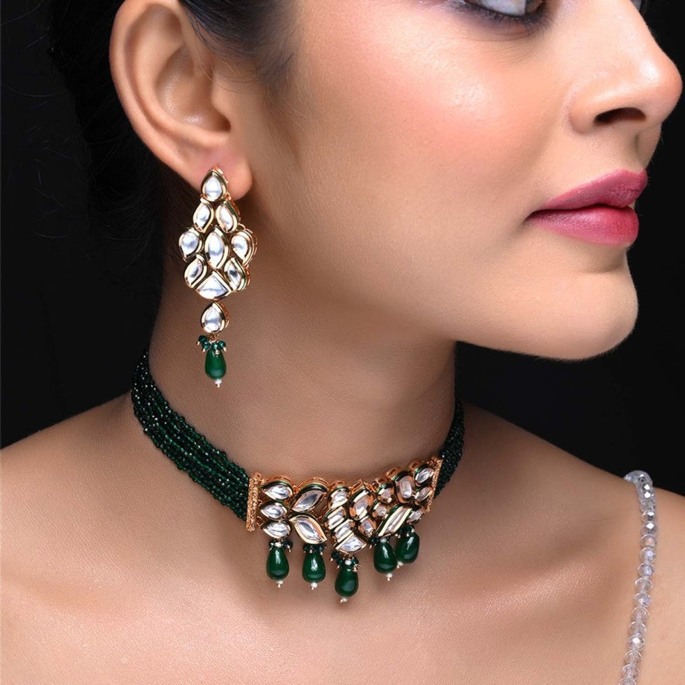 Muskaan Kundan Choker With Green Beads - House of Sarvati LLC