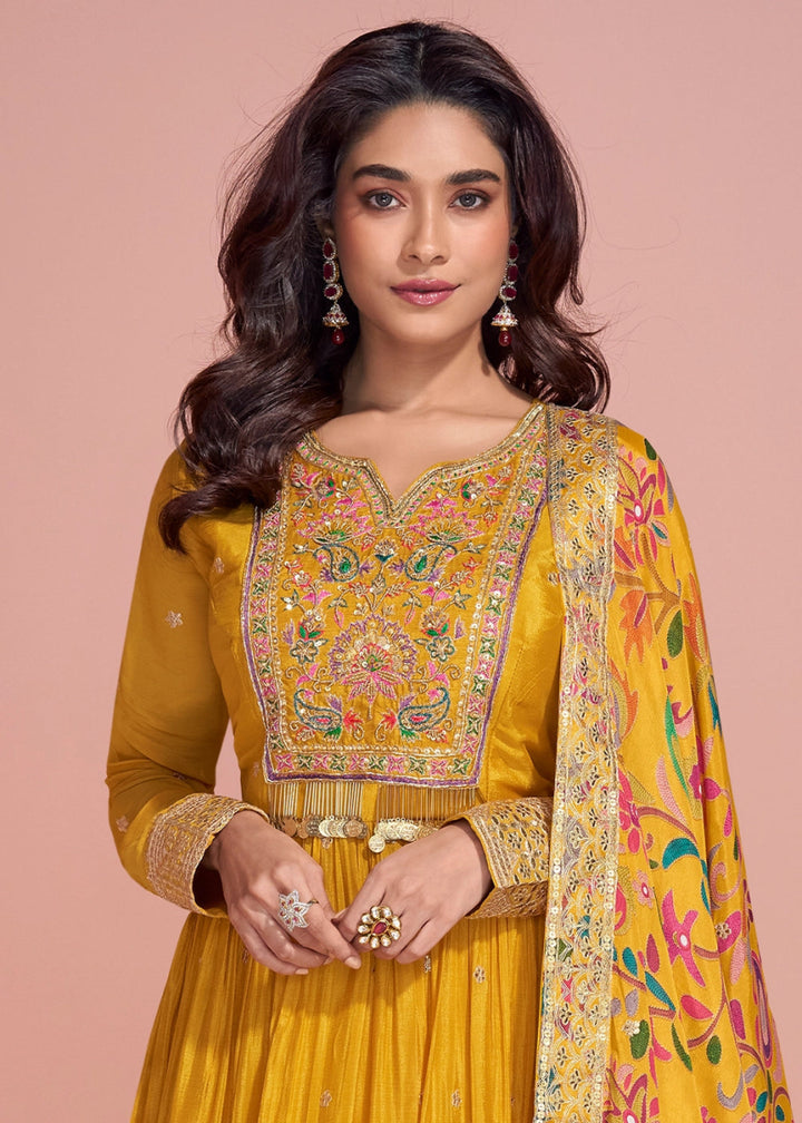 Mustard Yellow Anarkali Gown in Chinon Silk with Dual Embroidery - House of Sarvati LLC