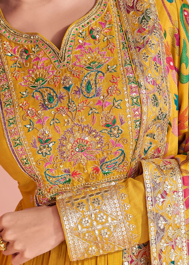 Mustard Yellow Anarkali Gown in Chinon Silk with Dual Embroidery - House of Sarvati LLC