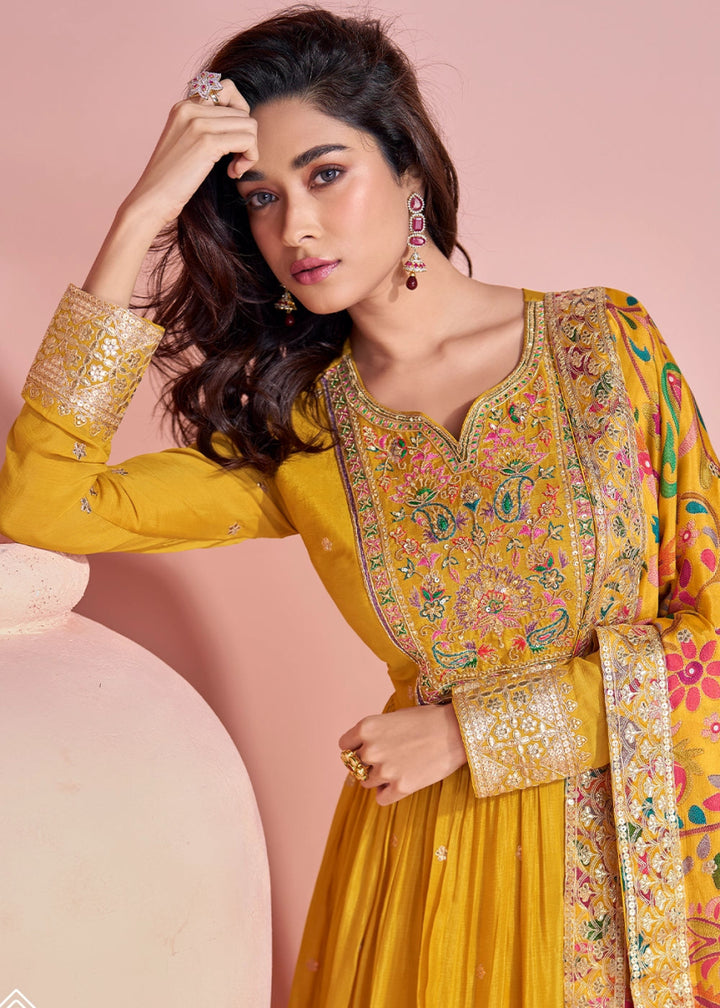 Mustard Yellow Anarkali Gown in Chinon Silk with Dual Embroidery - House of Sarvati LLC