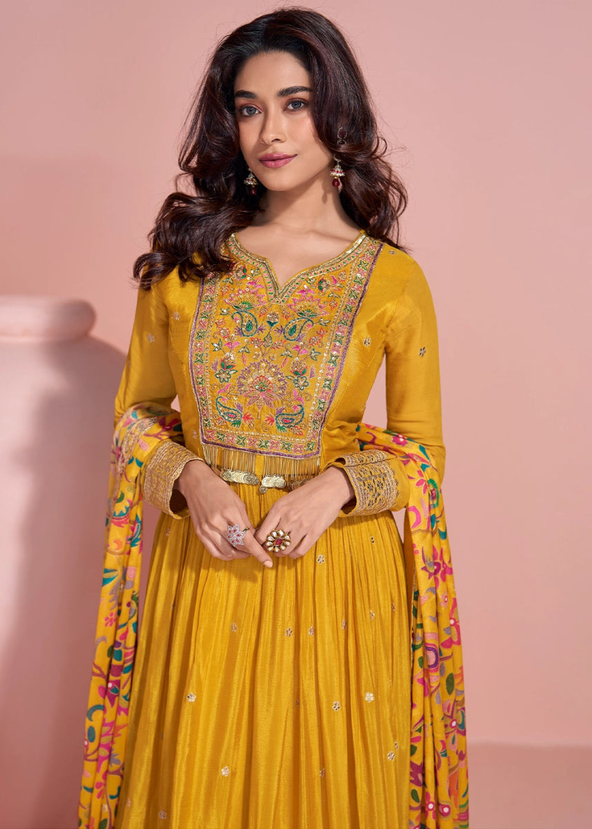 Mustard Yellow Anarkali Gown in Chinon Silk with Dual Embroidery - House of Sarvati LLC