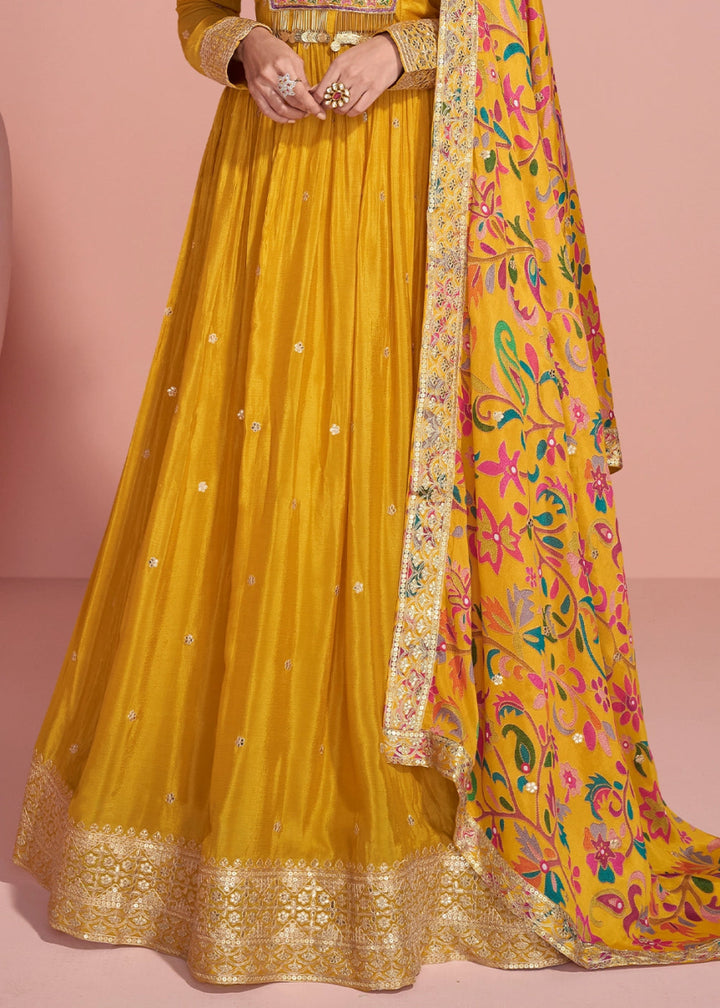 Mustard Yellow Anarkali Gown in Chinon Silk with Dual Embroidery - House of Sarvati LLC