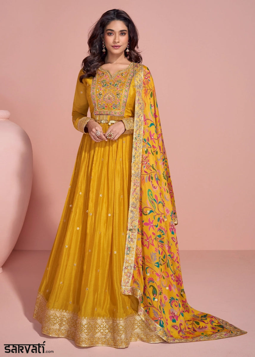 Mustard Yellow Anarkali Gown in Chinon Silk with Dual Embroidery - House of Sarvati LLC