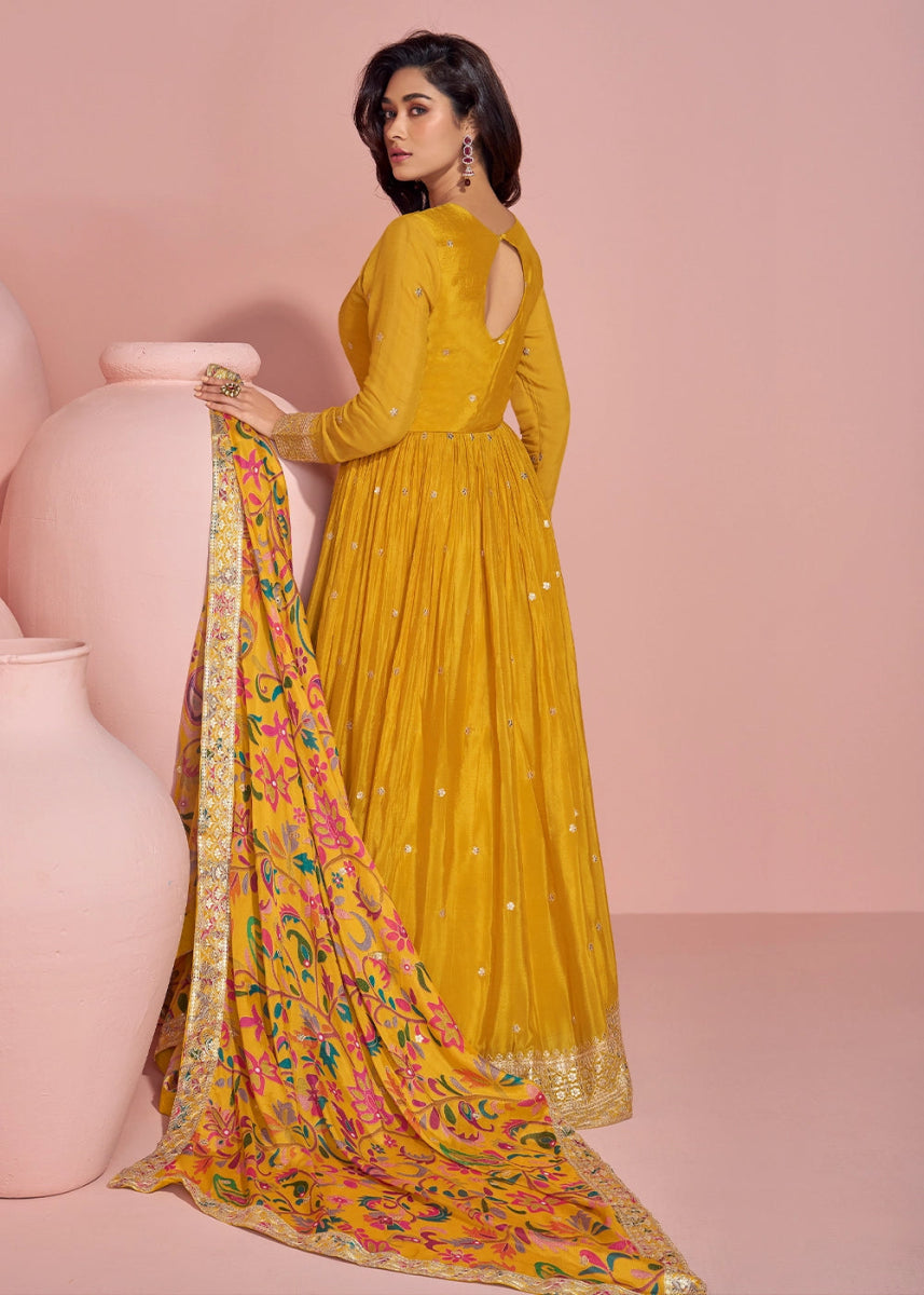 Mustard Yellow Anarkali Gown in Chinon Silk with Dual Embroidery - House of Sarvati LLC
