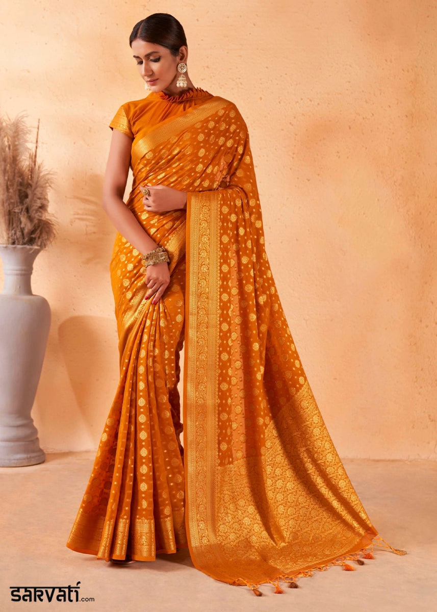 Mustard Yellow Banarasi - Style Saree in Georgette Silk with Zari Embellishments - House of Sarvati LLC