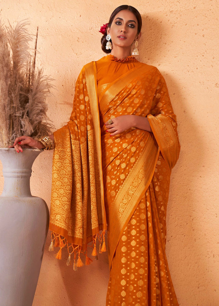 Mustard Yellow Banarasi - Style Saree in Georgette Silk with Zari Embellishments - House of Sarvati LLC