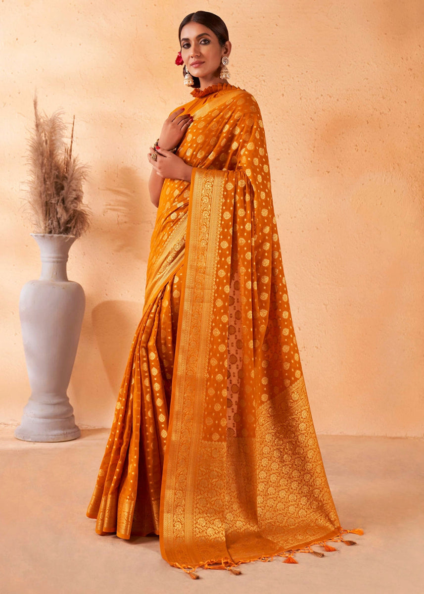Mustard Yellow Banarasi - Style Saree in Georgette Silk with Zari Embellishments - House of Sarvati LLC