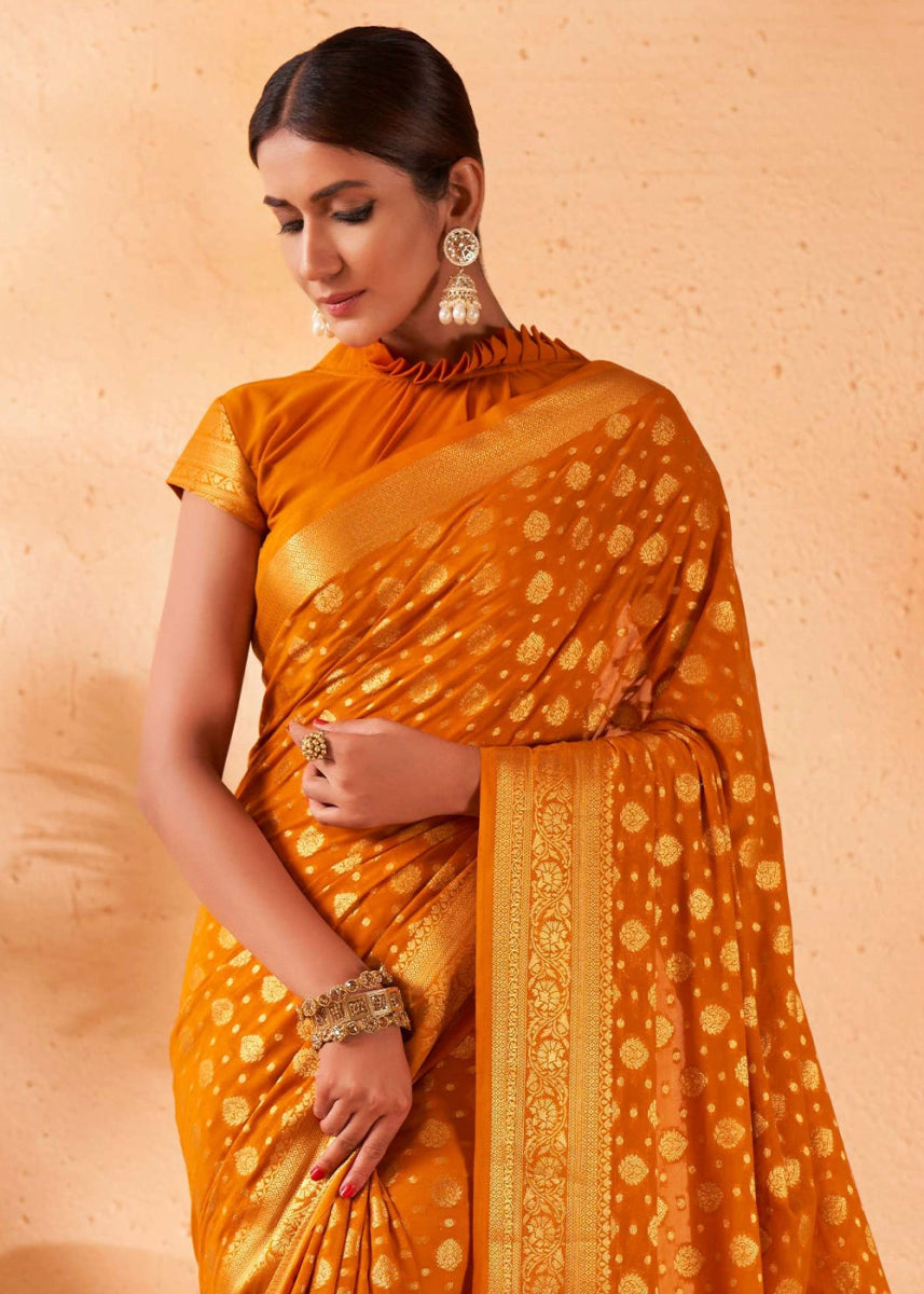 Mustard Yellow Banarasi - Style Saree in Georgette Silk with Zari Embellishments - House of Sarvati LLC