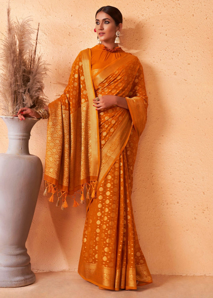 Mustard Yellow Banarasi - Style Saree in Georgette Silk with Zari Embellishments - House of Sarvati LLC