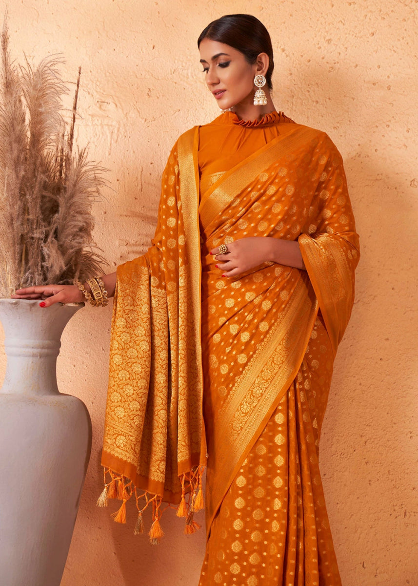 Mustard Yellow Banarasi - Style Saree in Georgette Silk with Zari Embellishments - House of Sarvati LLC
