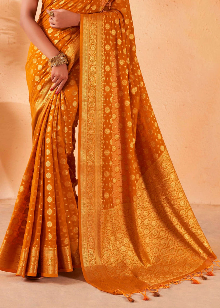 Mustard Yellow Banarasi - Style Saree in Georgette Silk with Zari Embellishments - House of Sarvati LLC