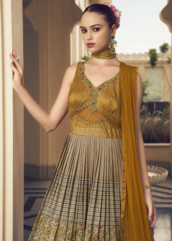 Mustard Yellow & Brown Floral Silk Anarkali Gown with Detailed Embroidery Work - House of Sarvati LLC