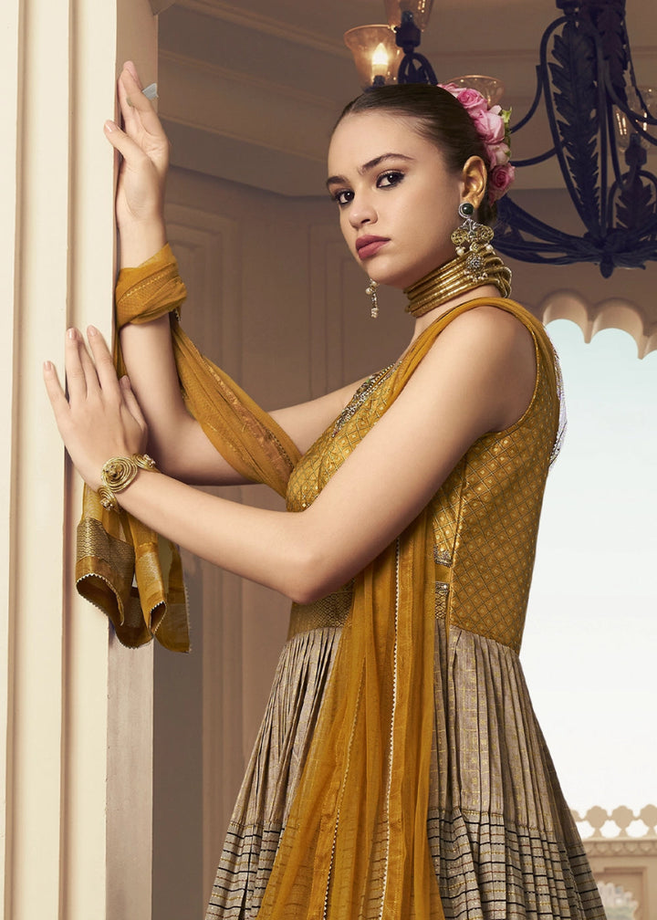 Mustard Yellow & Brown Floral Silk Anarkali Gown with Detailed Embroidery Work - House of Sarvati LLC