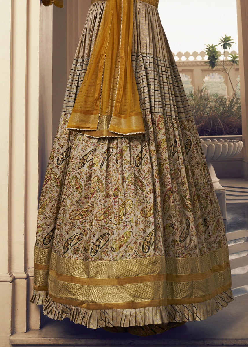 Mustard Yellow & Brown Floral Silk Anarkali Gown with Detailed Embroidery Work - House of Sarvati LLC