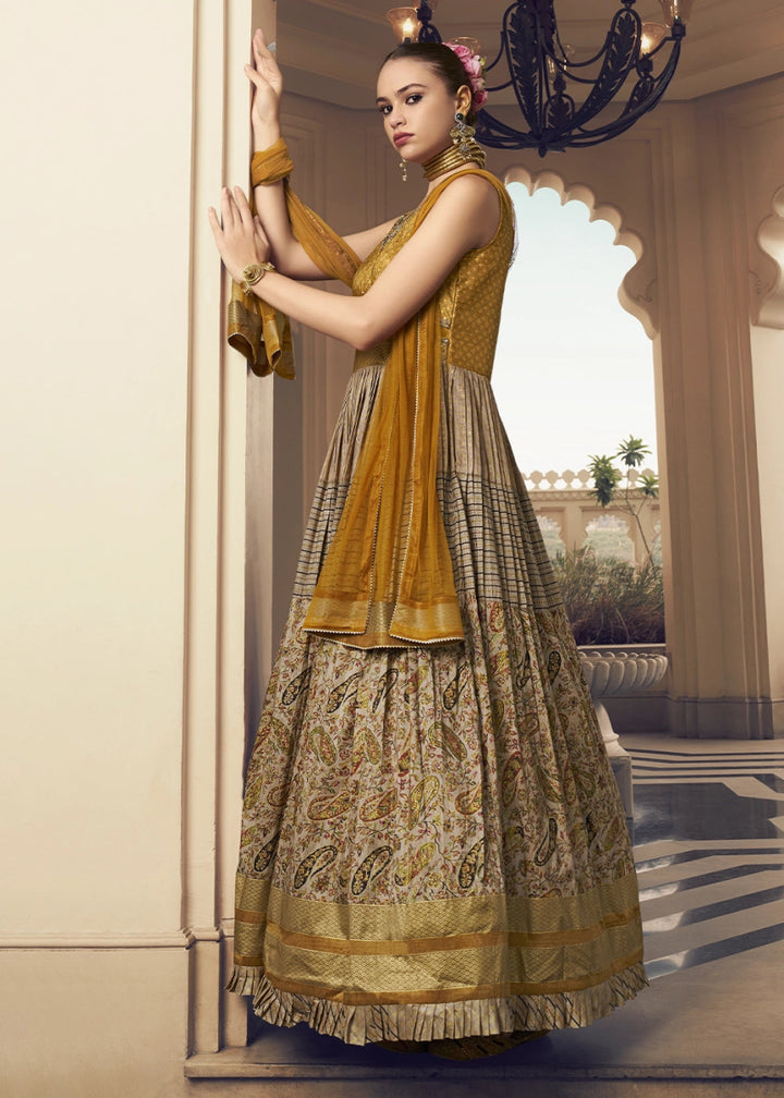 Mustard Yellow & Brown Floral Silk Anarkali Gown with Detailed Embroidery Work - House of Sarvati LLC