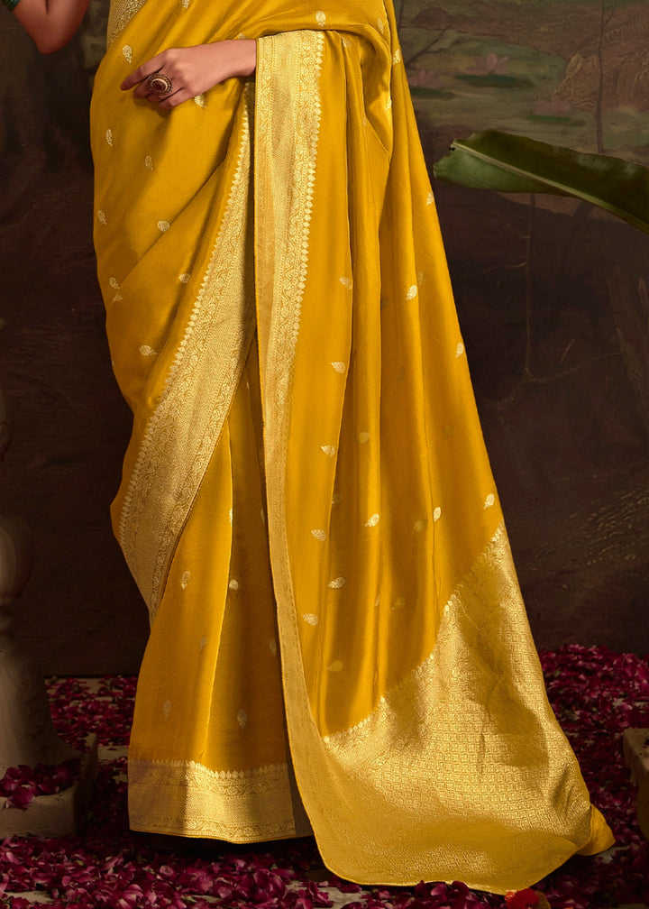 Mustard Yellow Crepe Dola Silk Saree with Rich Zari Weaving - House of Sarvati LLC