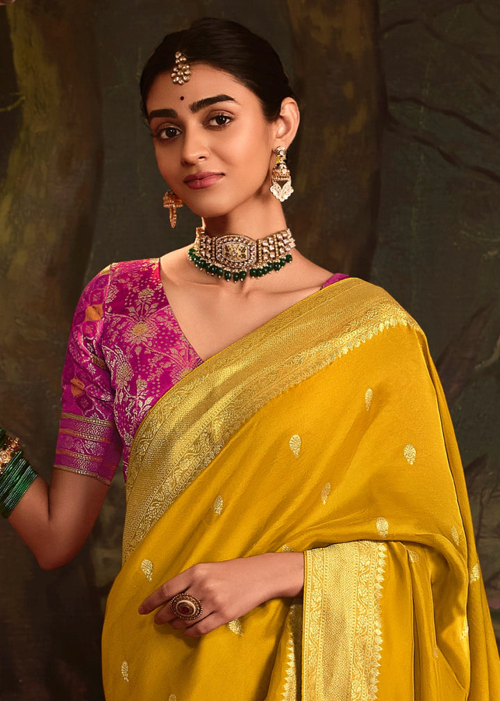Mustard Yellow Crepe Dola Silk Saree with Rich Zari Weaving - House of Sarvati LLC