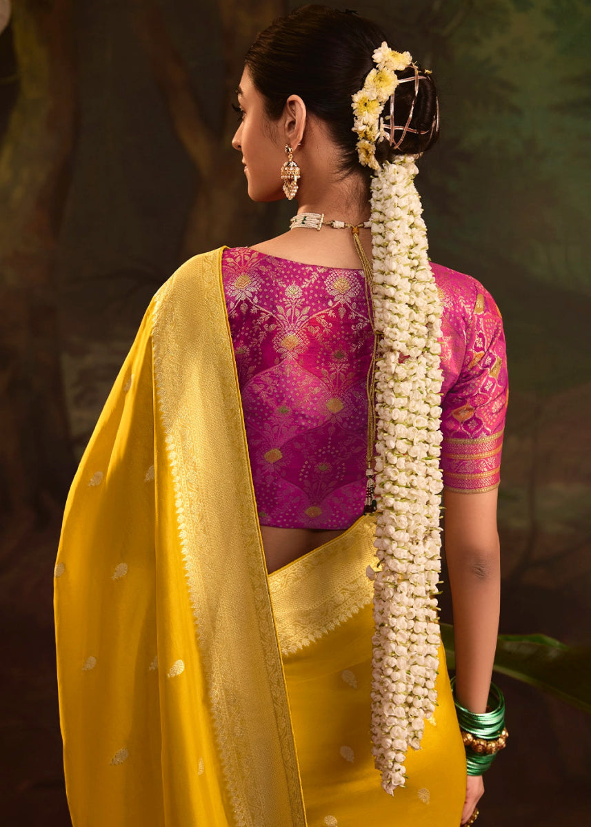 Mustard Yellow Crepe Dola Silk Saree with Rich Zari Weaving - House of Sarvati LLC