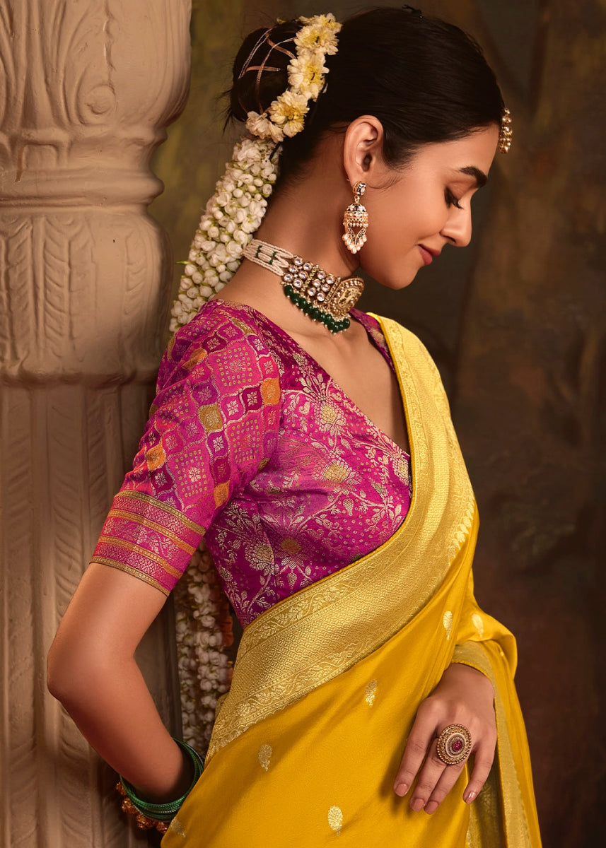 Mustard Yellow Crepe Dola Silk Saree with Rich Zari Weaving - House of Sarvati LLC