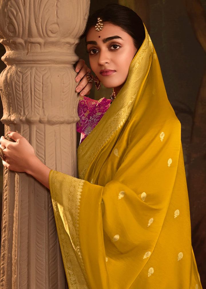 Mustard Yellow Crepe Dola Silk Saree with Rich Zari Weaving - House of Sarvati LLC