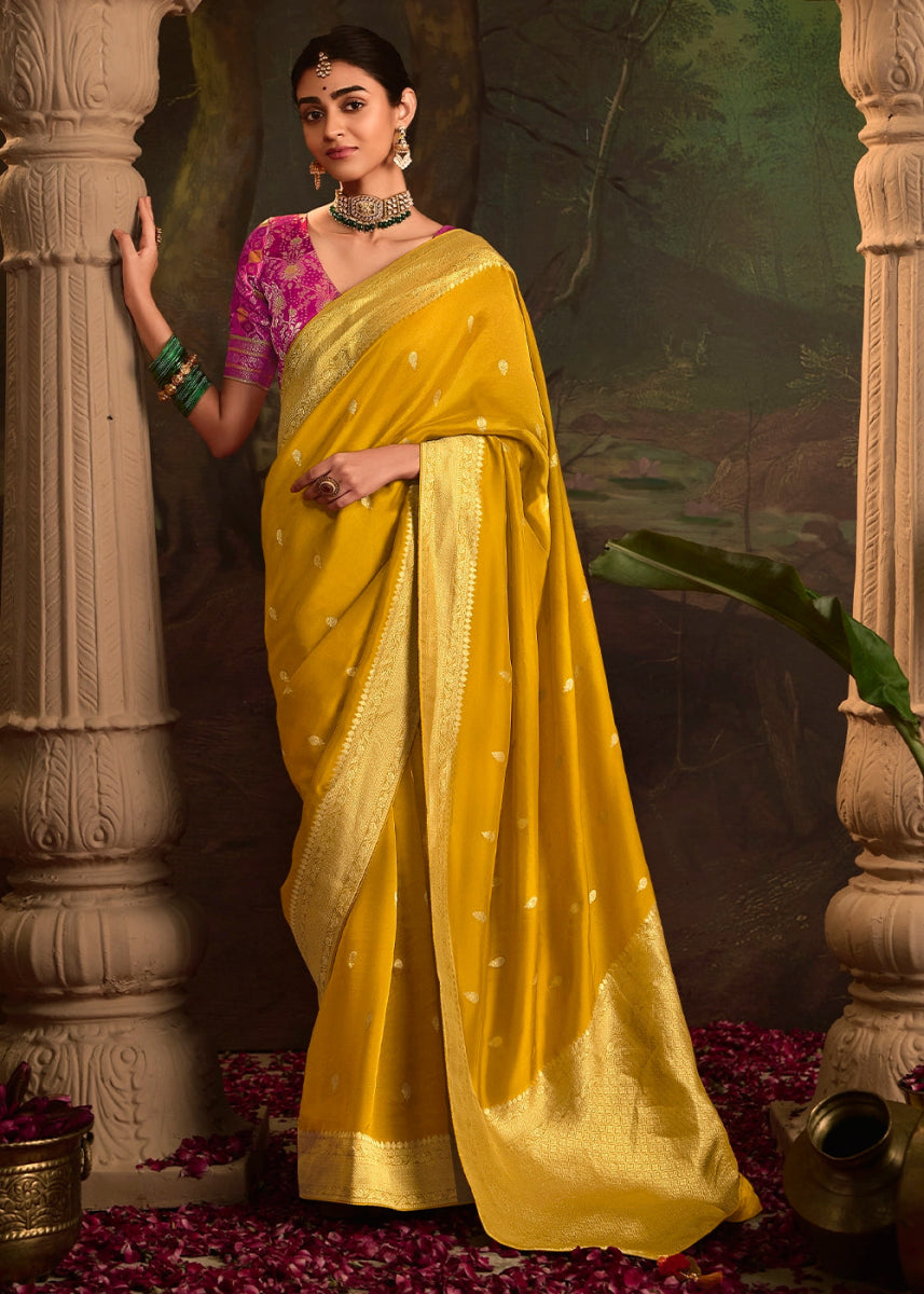 Mustard Yellow Crepe Dola Silk Saree with Rich Zari Weaving - House of Sarvati LLC