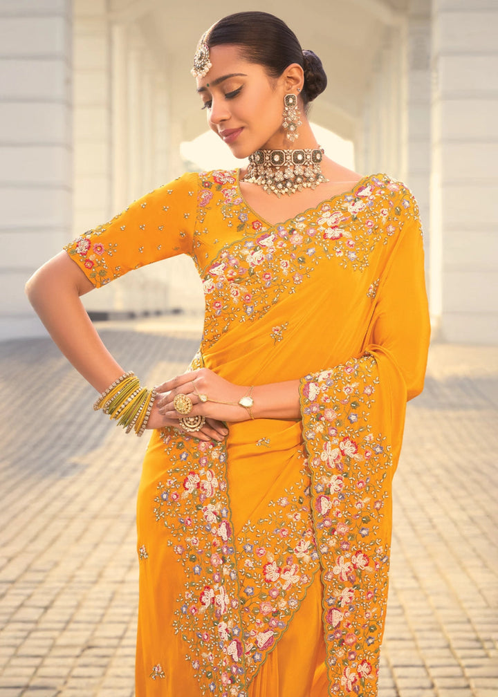 Mustard Yellow Crepe Silk Saree with Intricate Moti, Zarkan & Thread Embroidery - House of Sarvati LLC