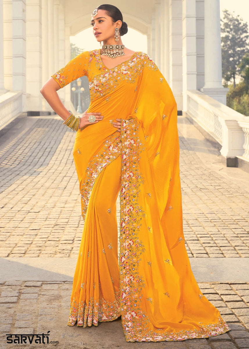 Mustard Yellow Crepe Silk Saree with Intricate Moti, Zarkan & Thread Embroidery - House of Sarvati LLC
