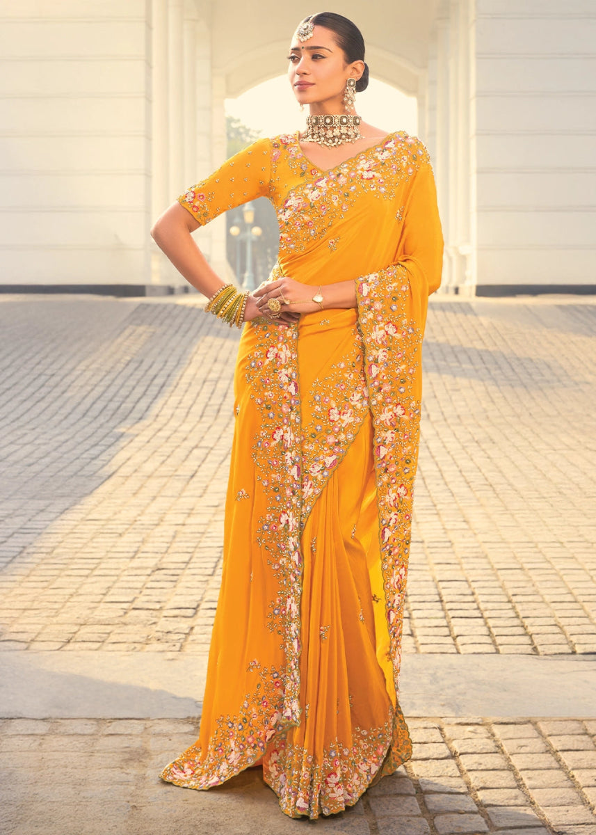 Mustard Yellow Crepe Silk Saree with Intricate Moti, Zarkan & Thread Embroidery - House of Sarvati LLC